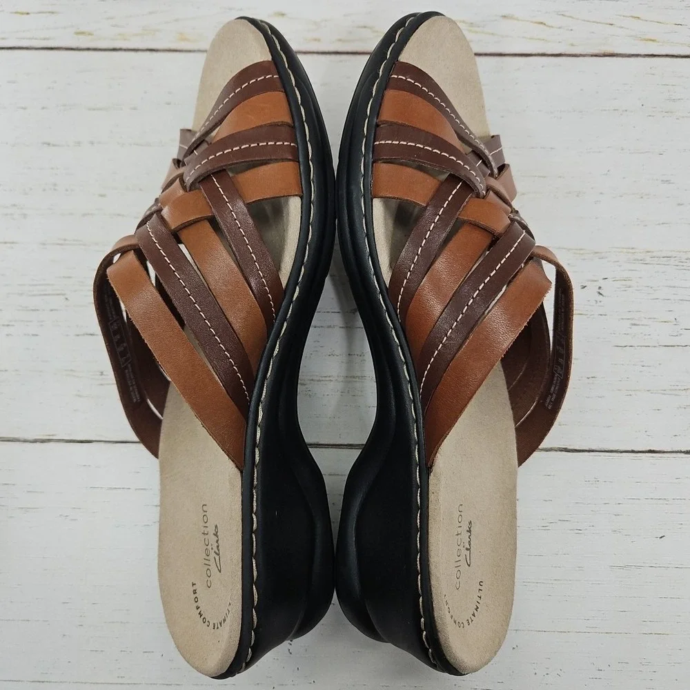 Clarks Lexi Salina Womens 9.5 Brown Leather Strappy‎ Sandals Shoes Slip On